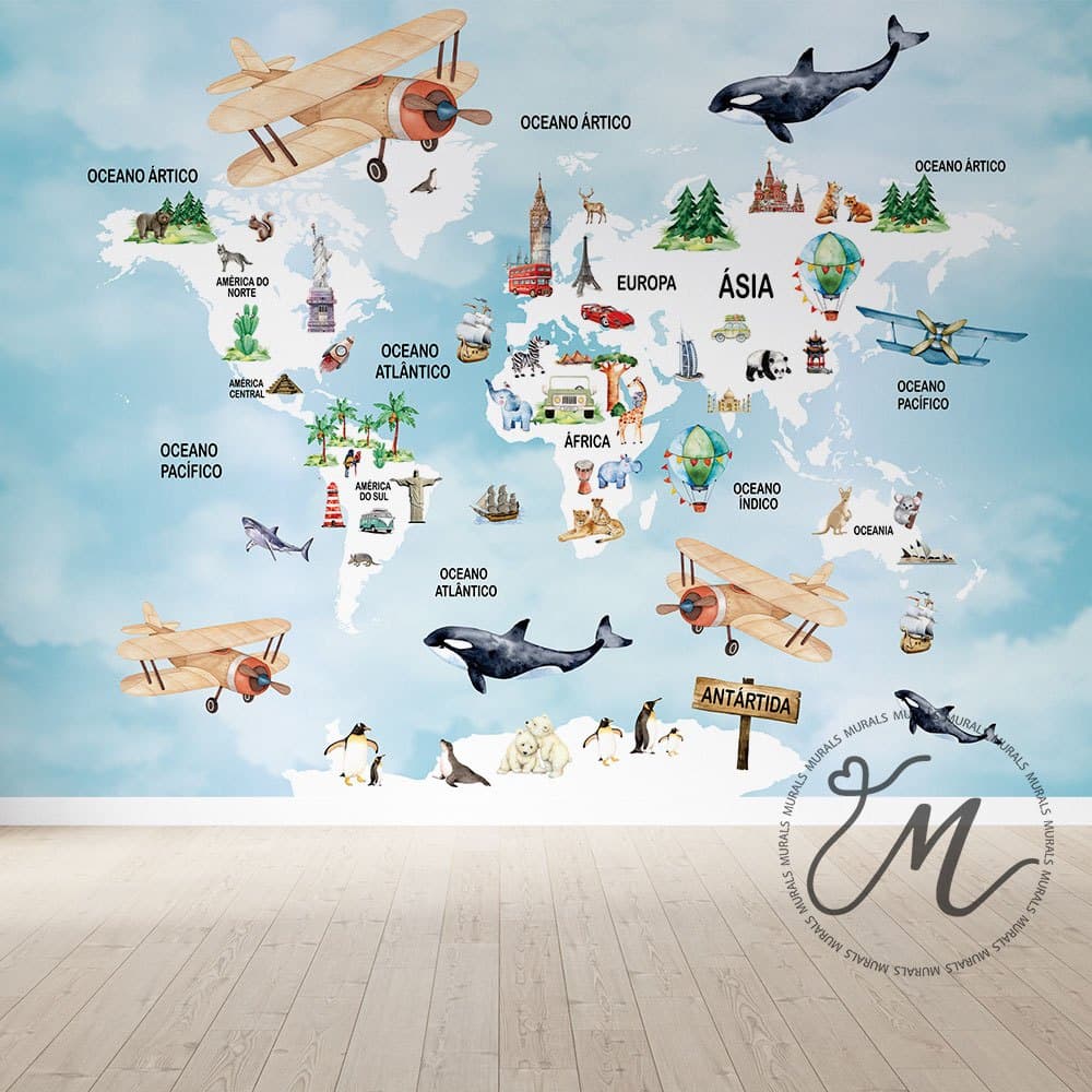 Interativo – Mapa-Múndi Azul, Animais e Aviões para Crianças