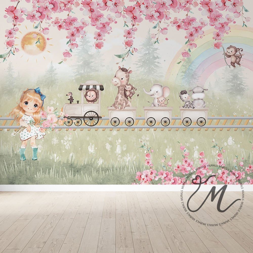 Sonho Infantil – Menina, Animais e Trem em Jardim Encantado
