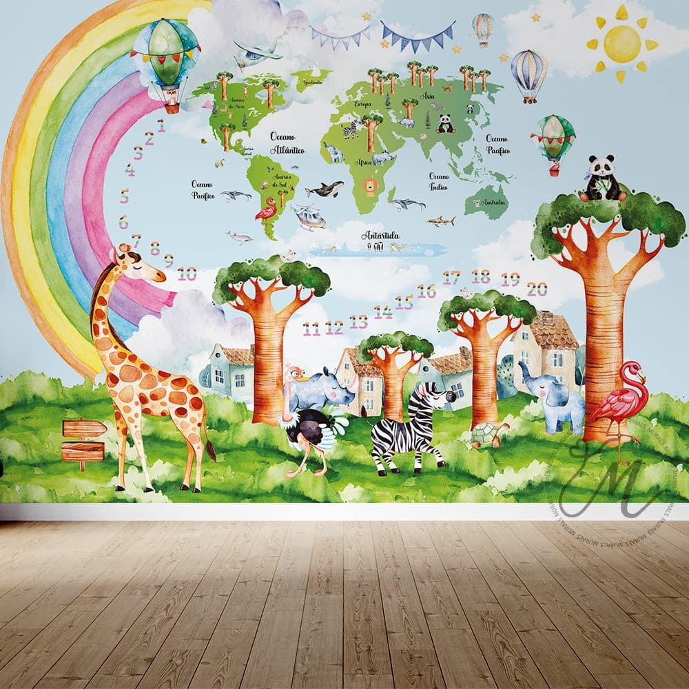 Mapa-Múndi Infantil – Safari, Balões e Baobá