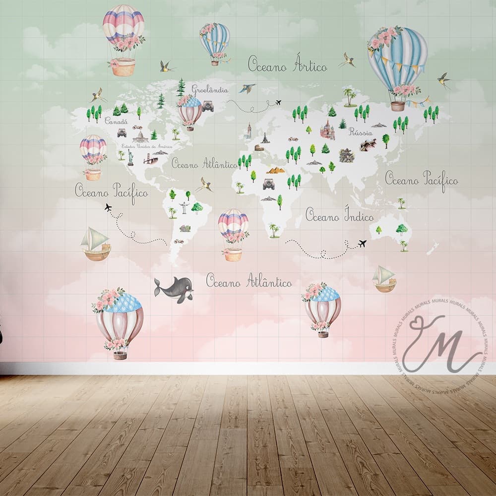 Mapa-Múndi Aquarela - Balões, Animais e Aventuras