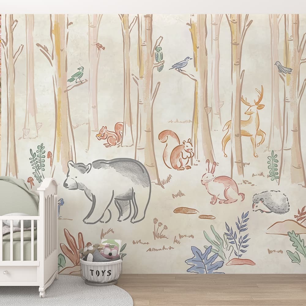 Bosque Encantado com Animais Ilustrado Aquarela