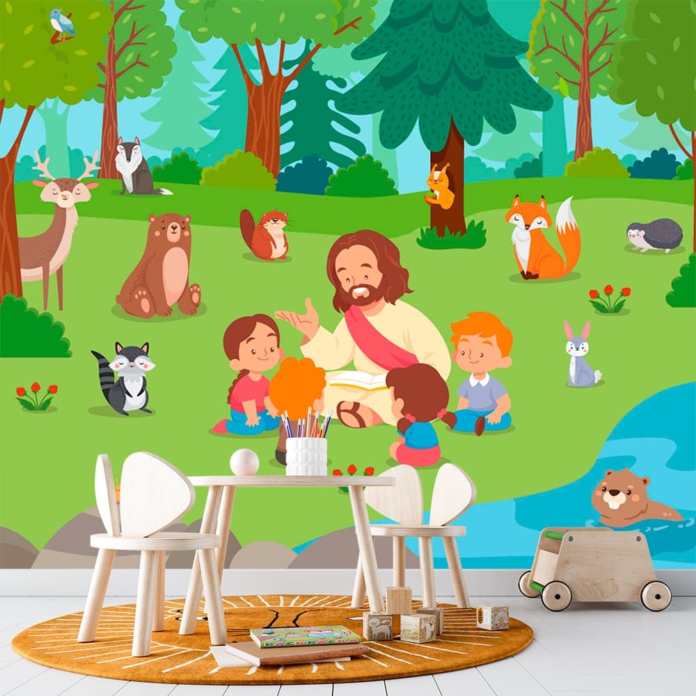 Jesus e Crianças na Floresta com Animais