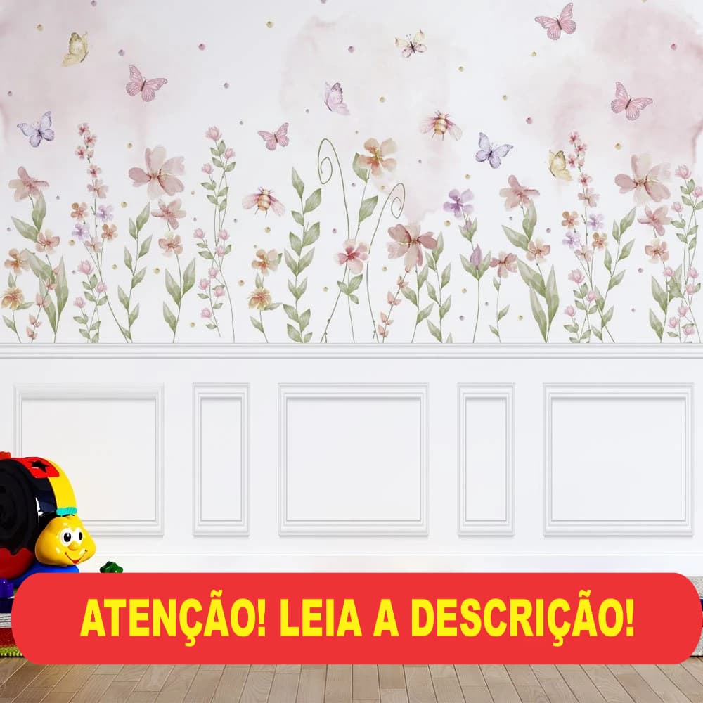 papel de parede infantil jardim de folhas e flores rosa com borboleta em aquarel