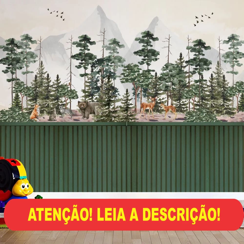 papel de parede floresta verde com animais meia parede ripado em aquarela