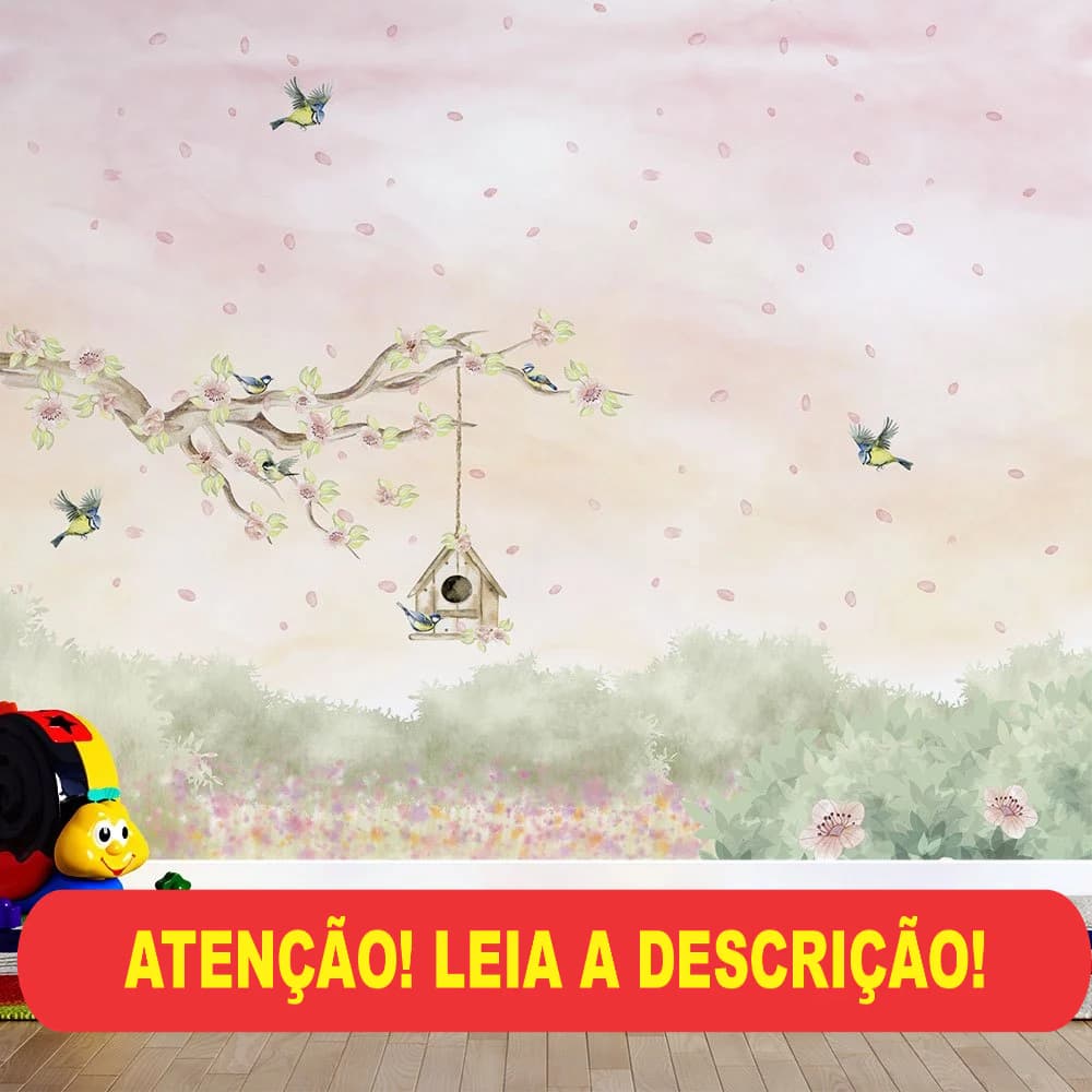 papel de parede infantil árvore casa de passarinho em aquarela