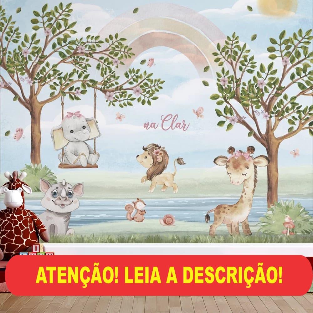 papel de parede infantil animais no campo com balanço na arvore e rio leão giraf