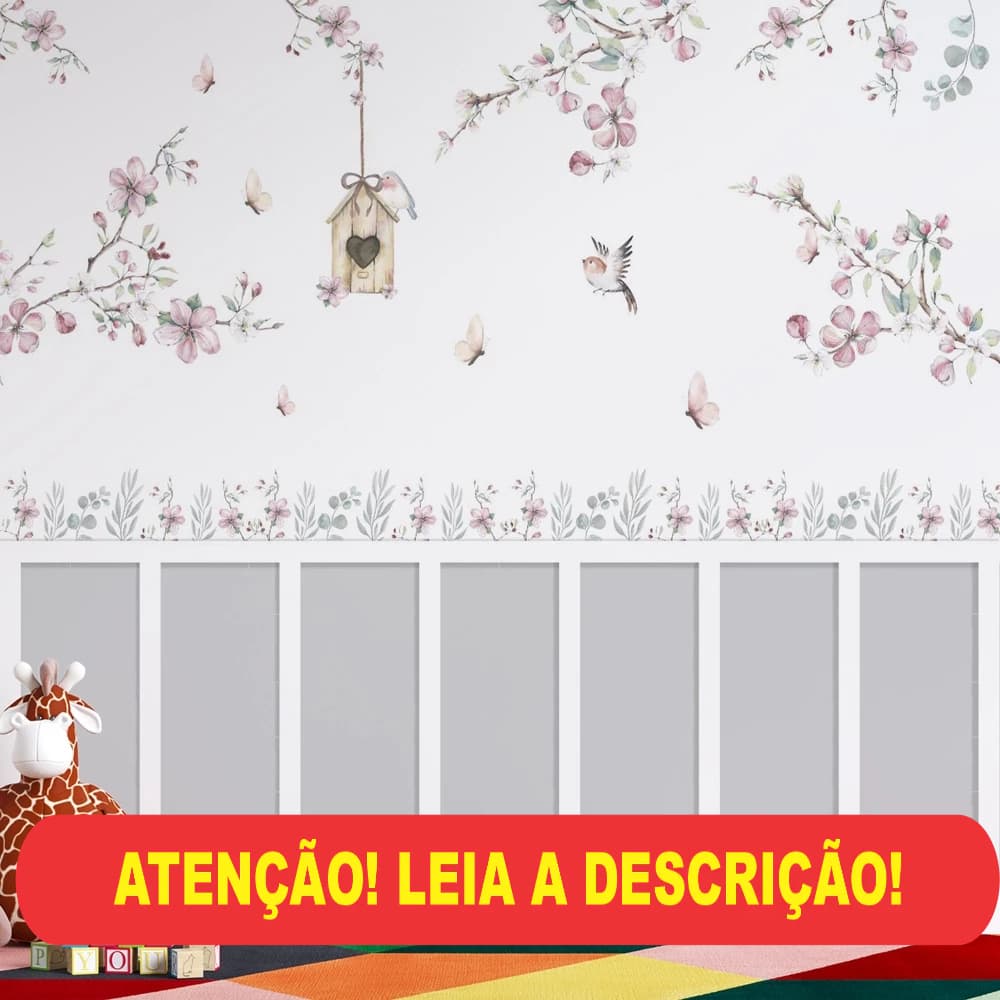 papel de parede jardim suspenso com casa de passarinho e boiserie em cinza com f