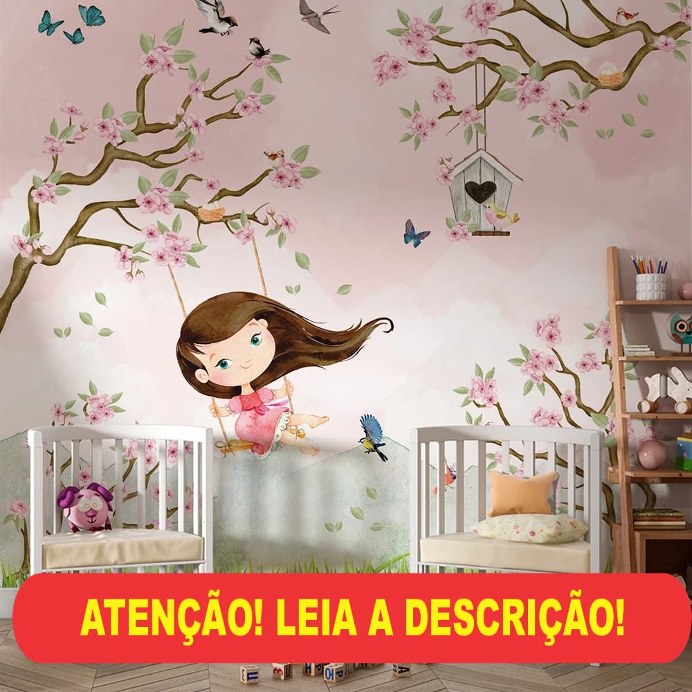 INFANTIL MENINA NO JARDIM COM PÁSSAROS EM TONS PASTEL E FLORES COM ÁRVORES