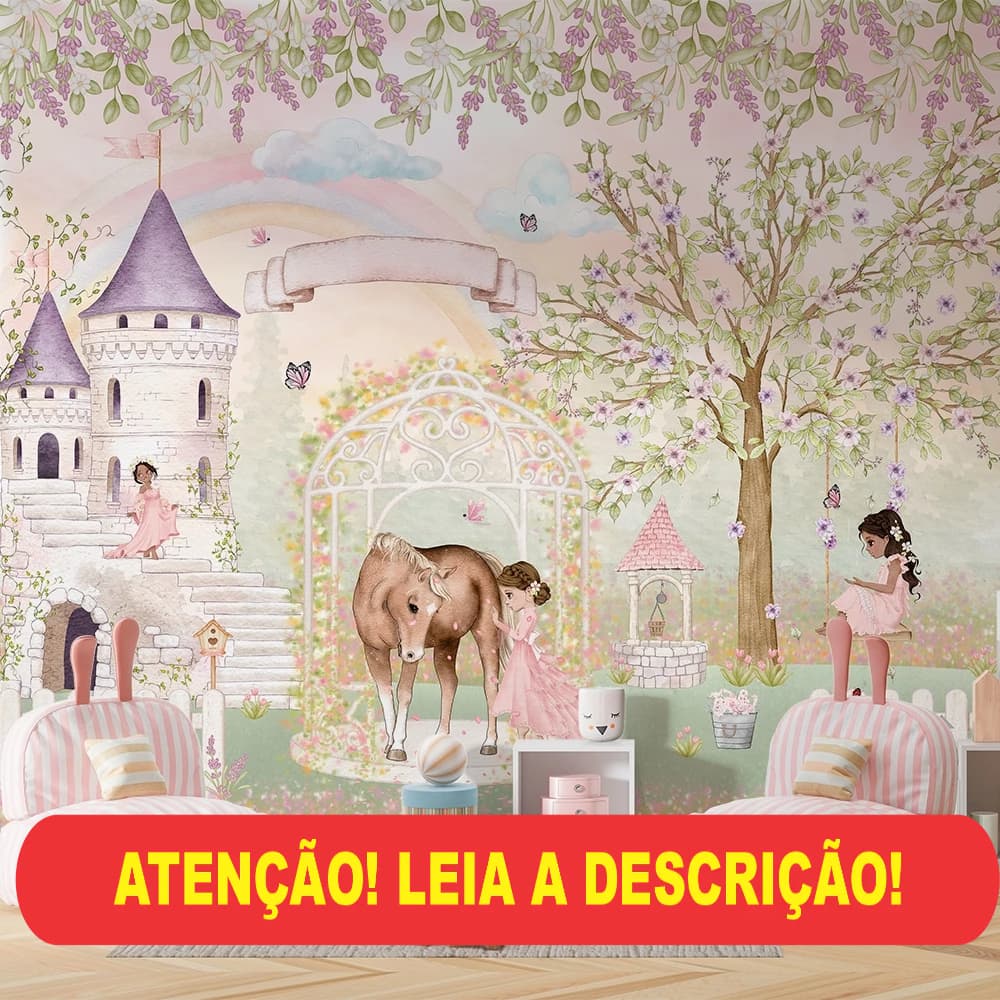 papel de parede jardim encantado da princesa com cavalo castelo em aquarela