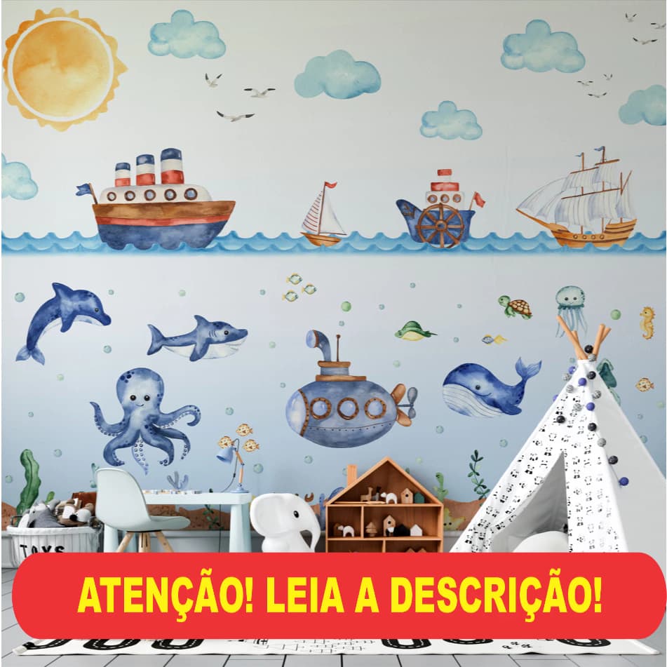 papel de parede infantil fundo do mar em aquarela navios e peixes