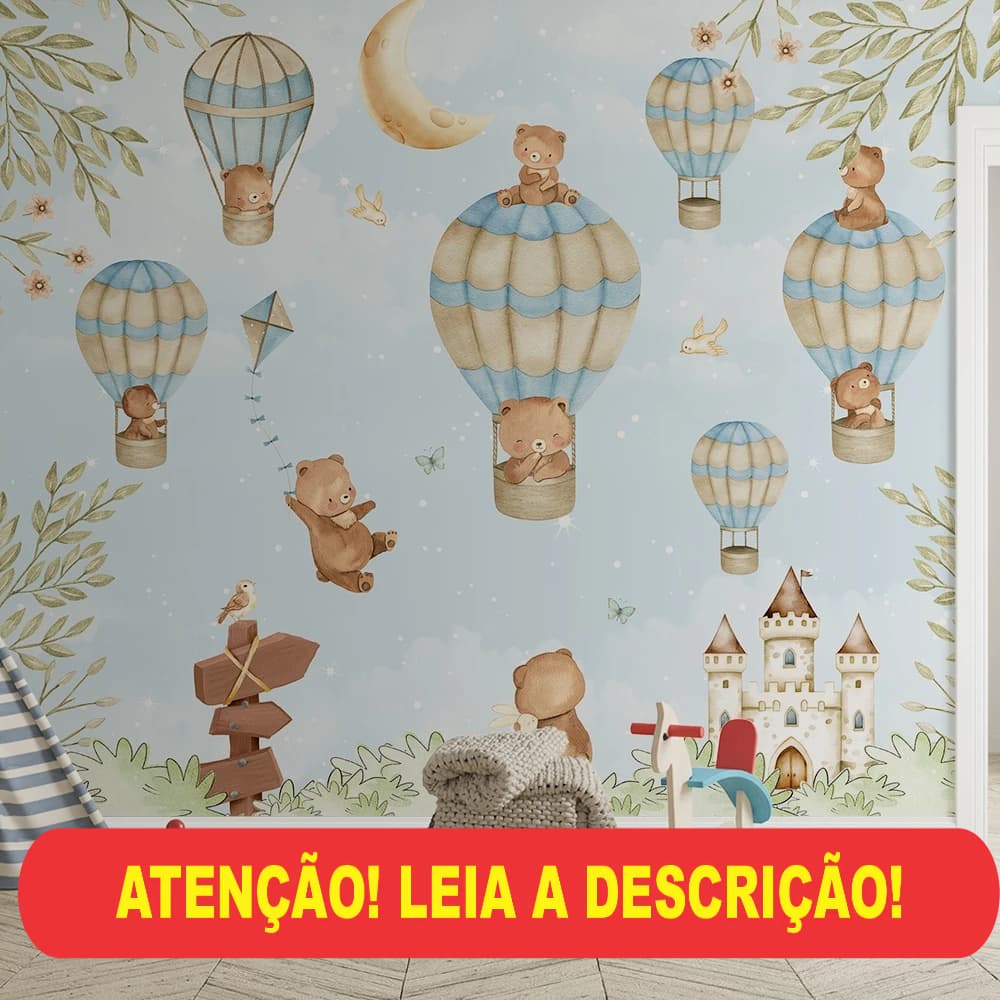 papel de parede infantil ursinhos marrom no balão azul sobrevoando o castelo em 