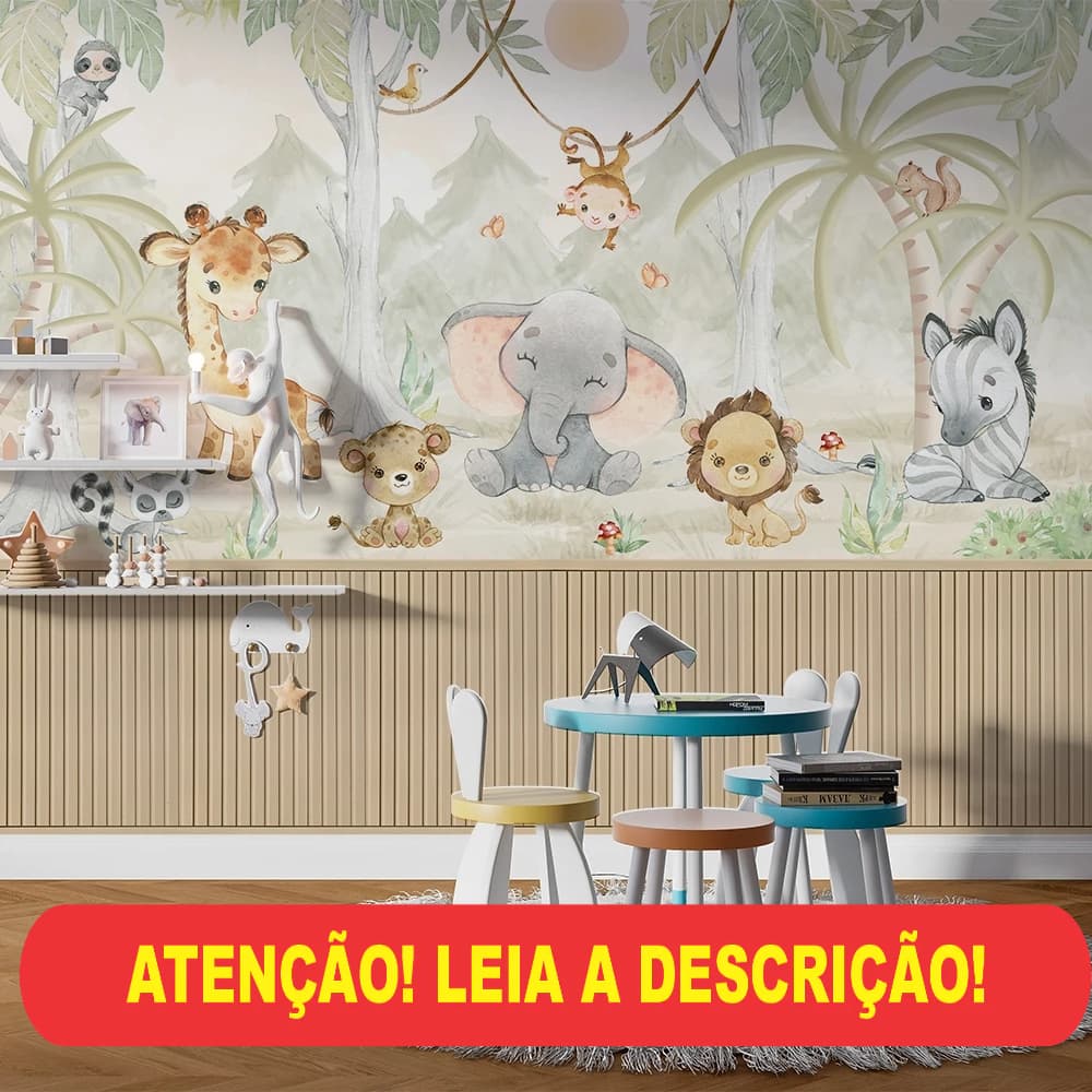 papel de parede floresta com animais safari infantil com meia parede de ripado m
