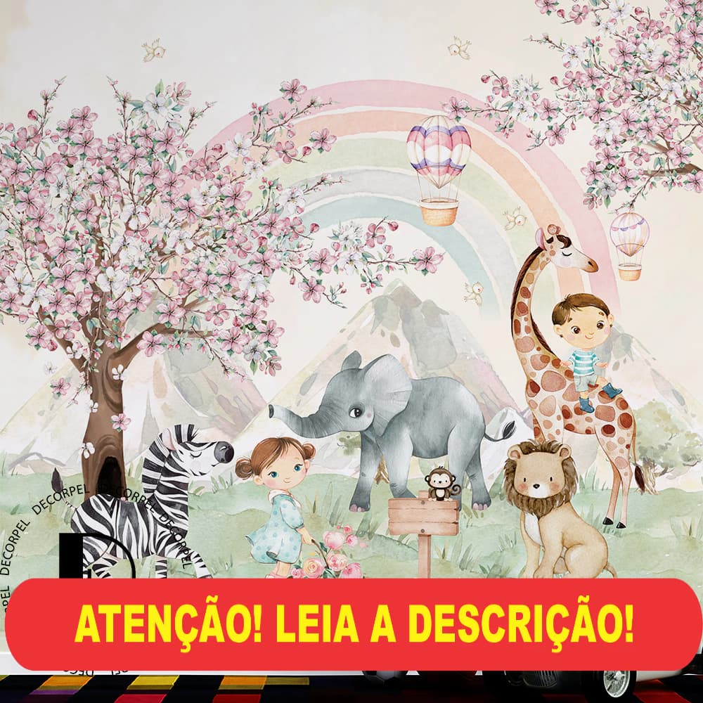 papel de parede safari menino e menina com arco-iris em balao girafa elefante ze