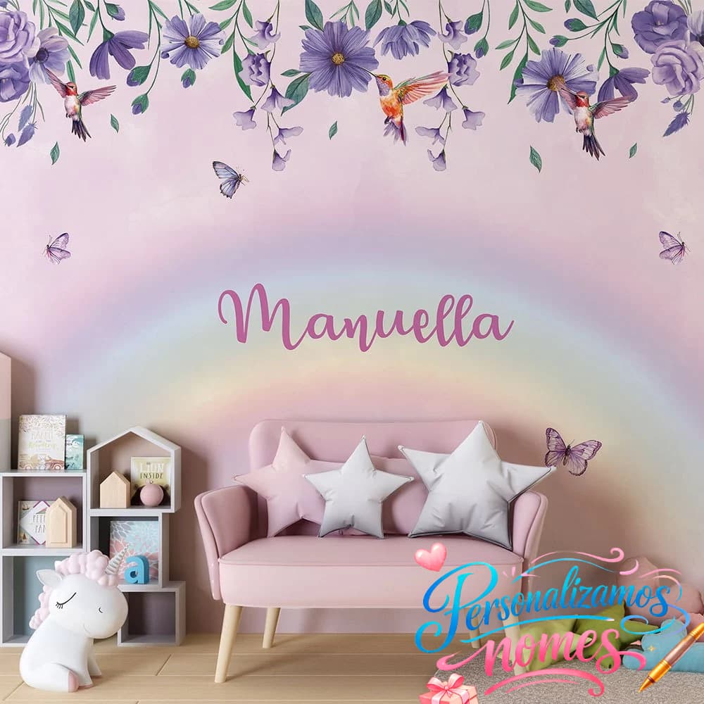 Personalizado com Nome – Arco-Íris, Flores e Borboletas