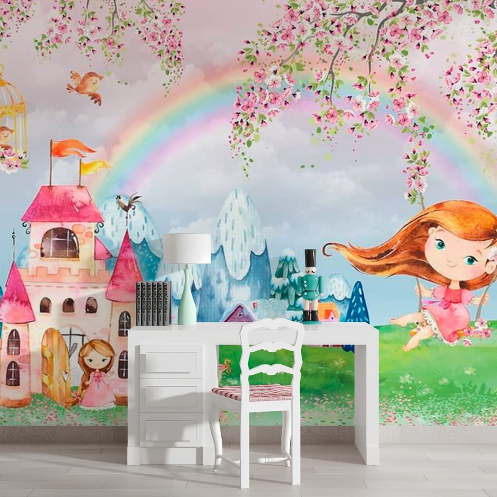 jardim encantando com castelo e menina no balanço com arco-iris