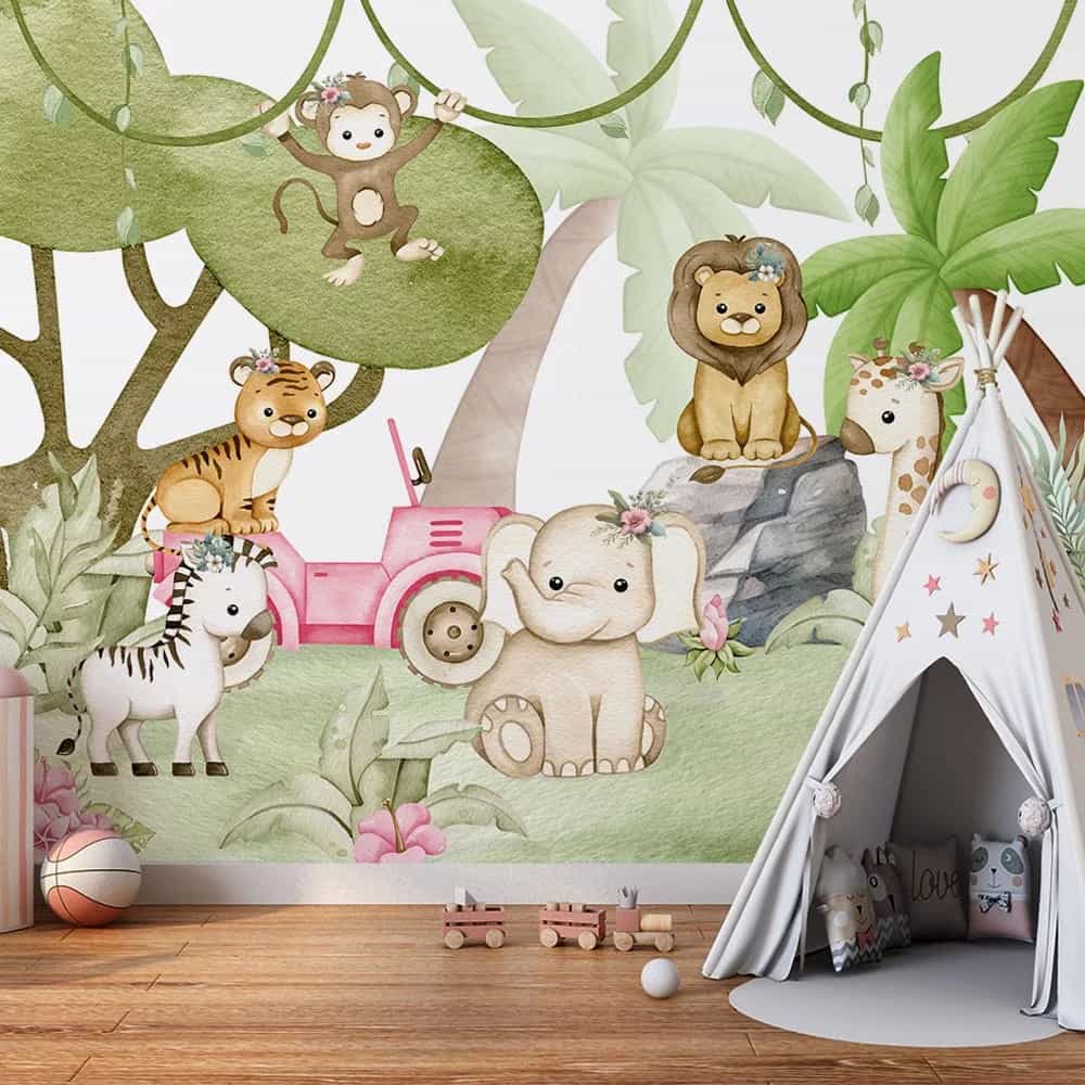 Papel de parede Safari Baby com Trator Rosa