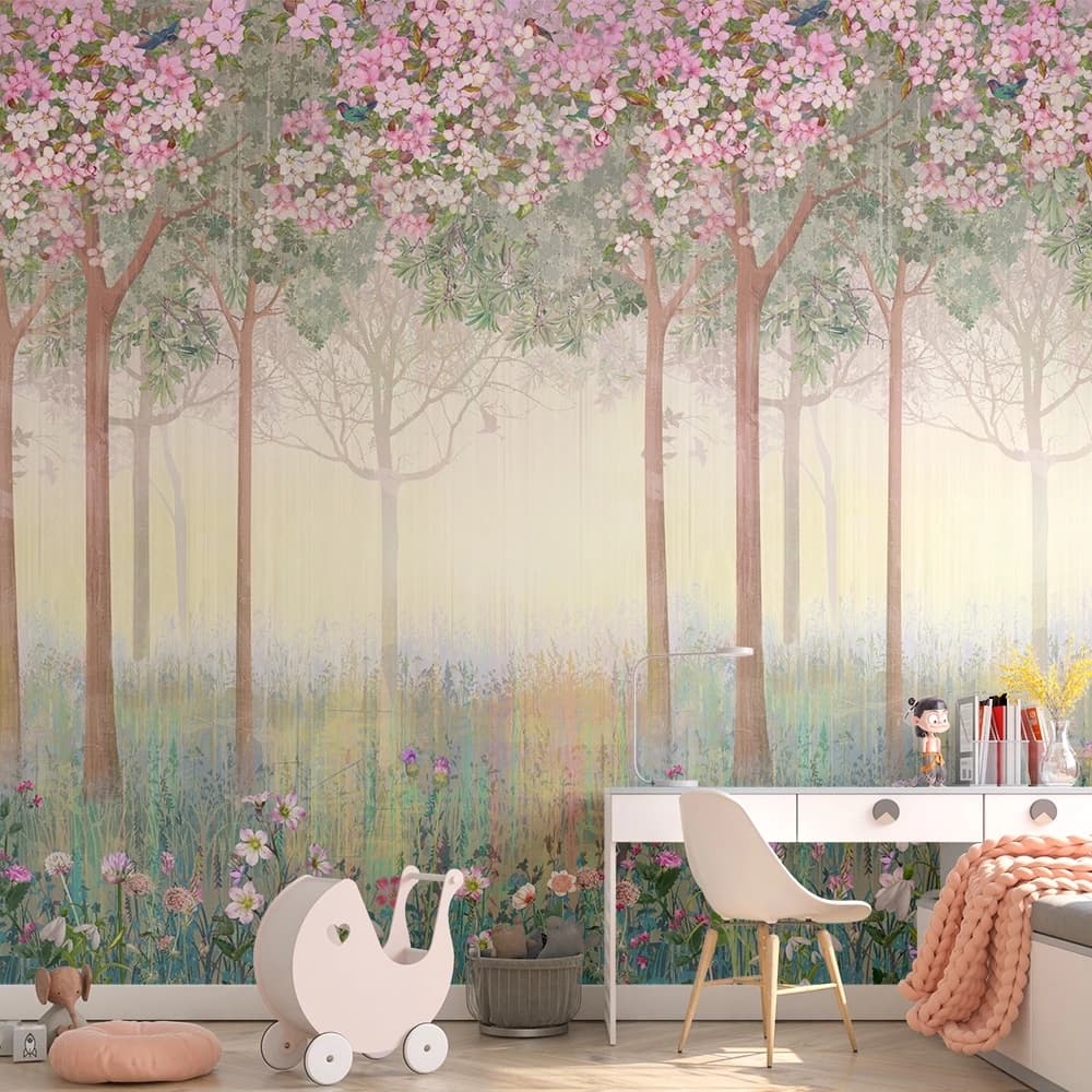 Papel de parede floresta encantada com flores coloridas