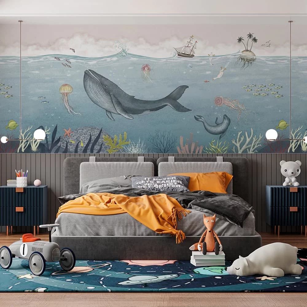 Papel de parede oceano baleia azul e animais marinhos