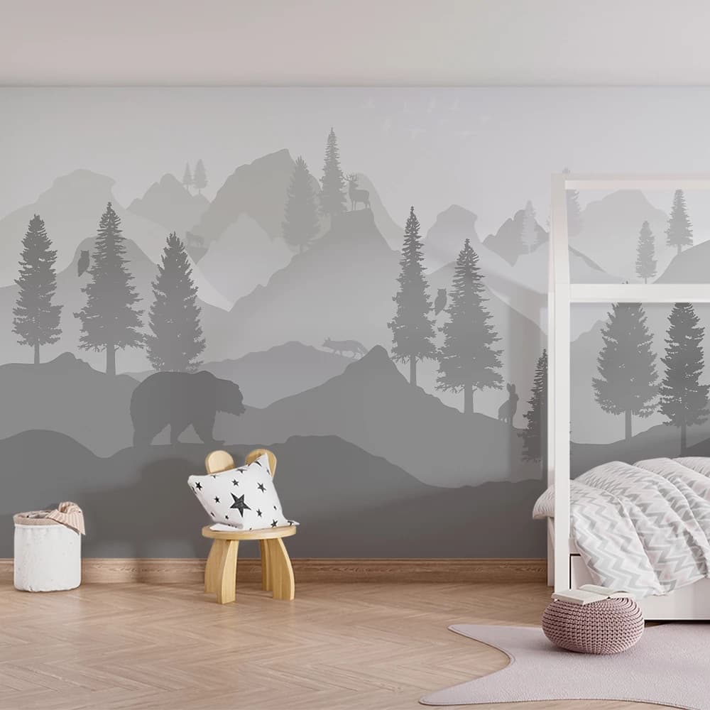 Papel de parede floresta em tons de cinza