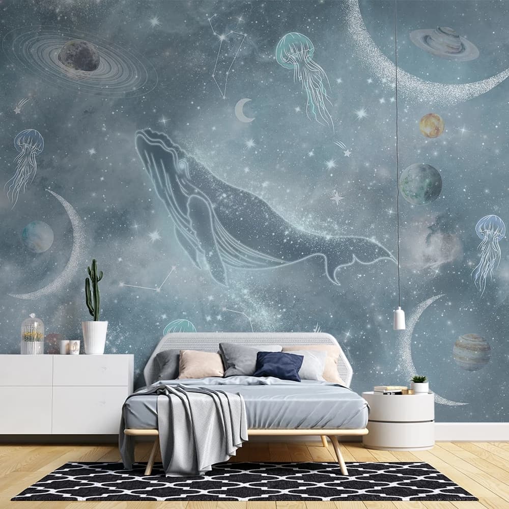Papel de Parede Galáxia Azul com Baleia e águas vivas