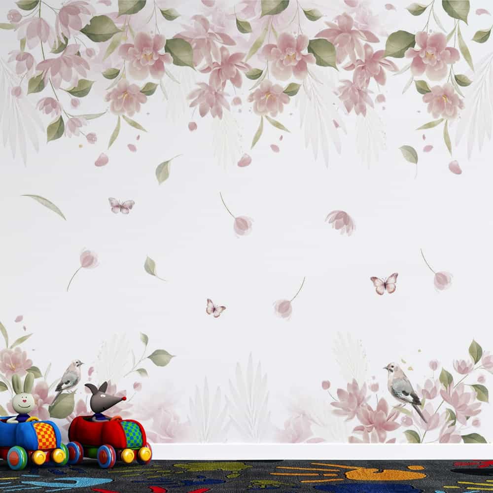 Papel de parede Chuva de Flores Rosa em Aquarela