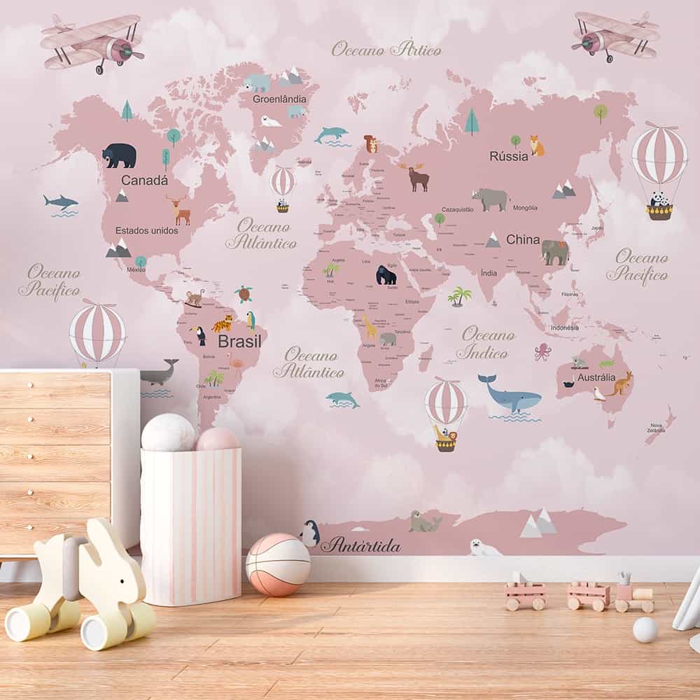Papel de parede Mapa-Múndi Rosa em Português