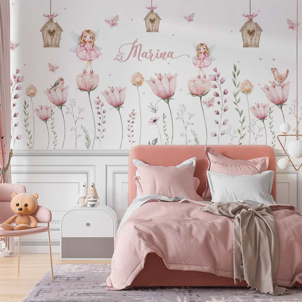 Papel de parede Rama de Flores Rosas com Fadas e Borboletas Aquarela