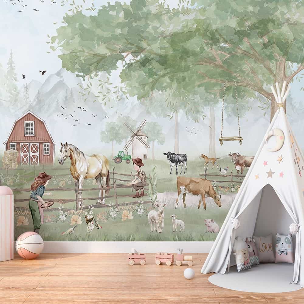 Papel de parede Fazendinha com Moinho e Balanço