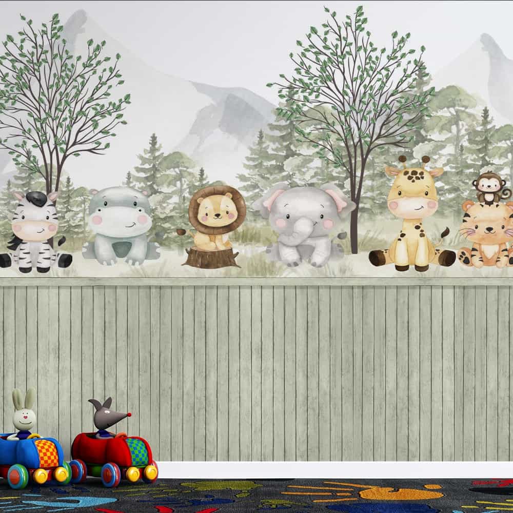 Papel de parede Safari Baby com Lambri Verde