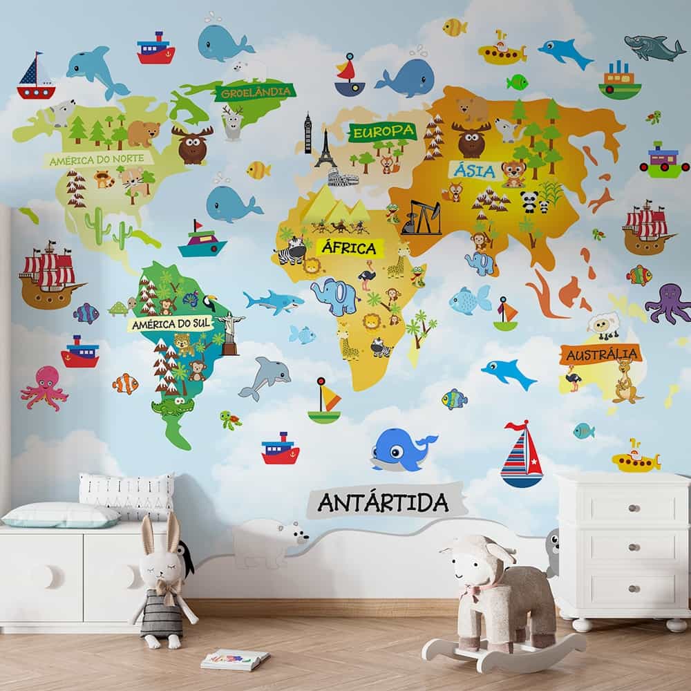 Papel de parede Mapa-Múndi Infantil em Português