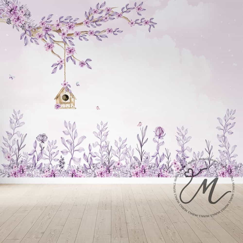 Papel de parede Floral Lilás com Casinha Pendurada