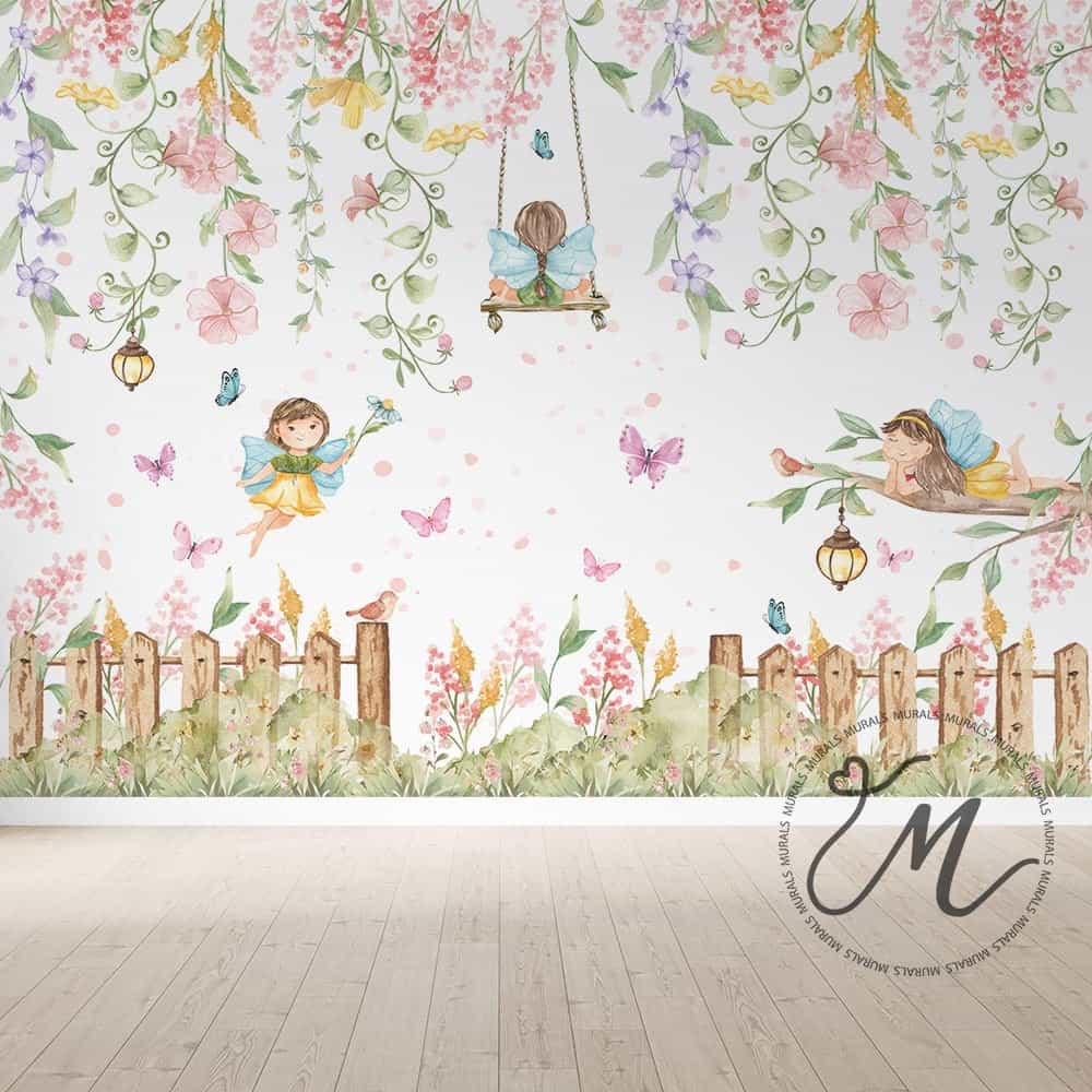 Papel de parede Fadinhas entre Flores Penduradas