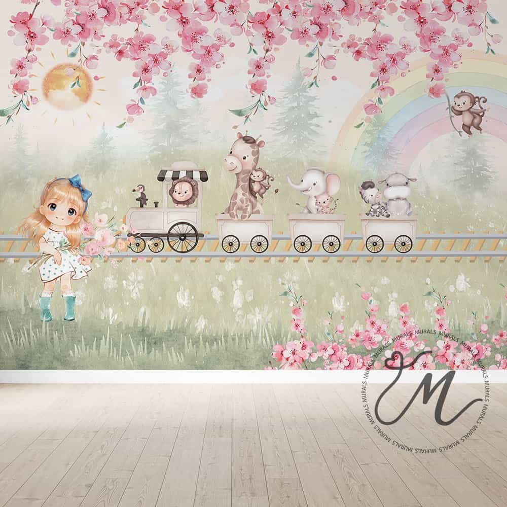 Papel de parede Menina, Animais e Trem em Jardim