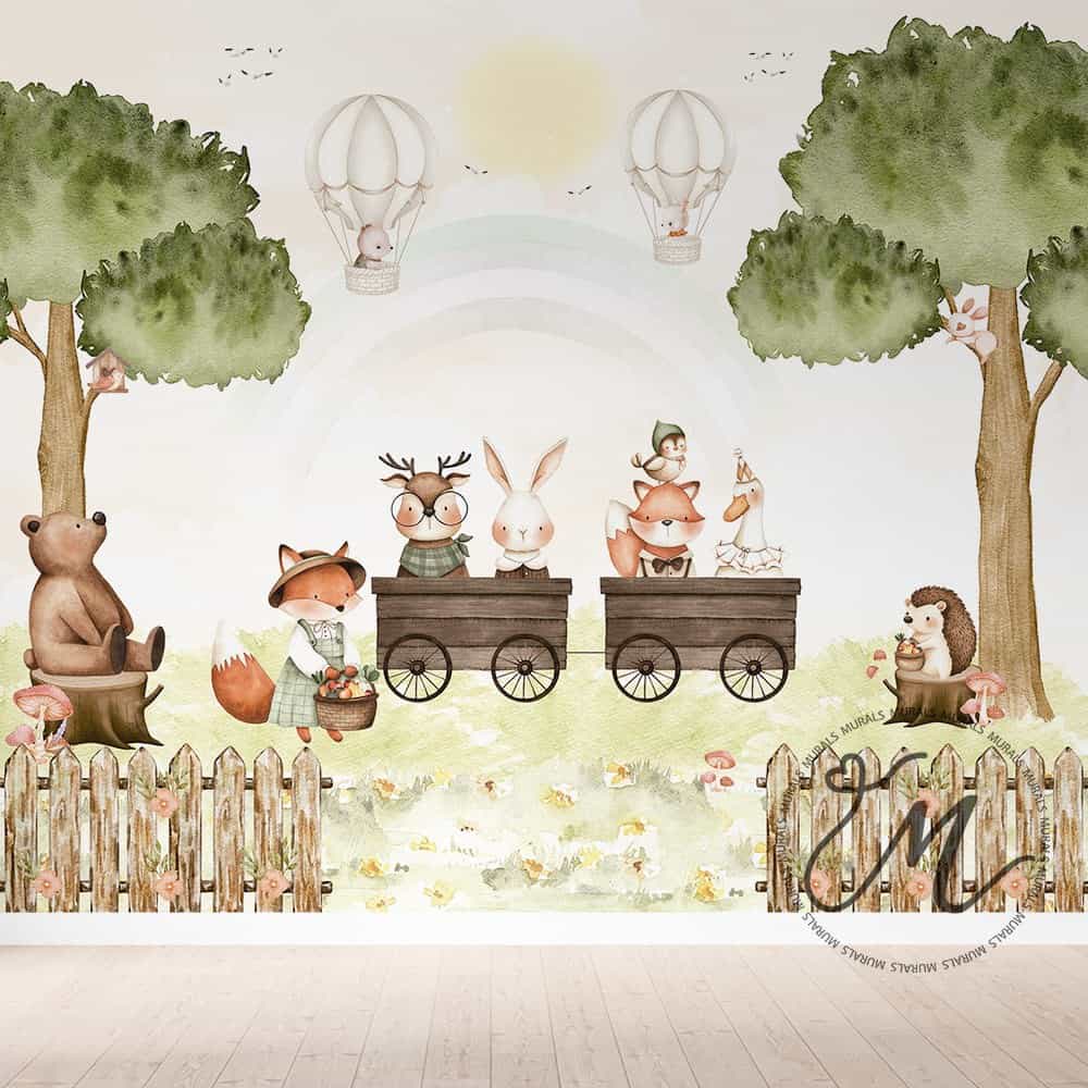 Papel de parede Bichinhos do Bosque com Vagões e Balões