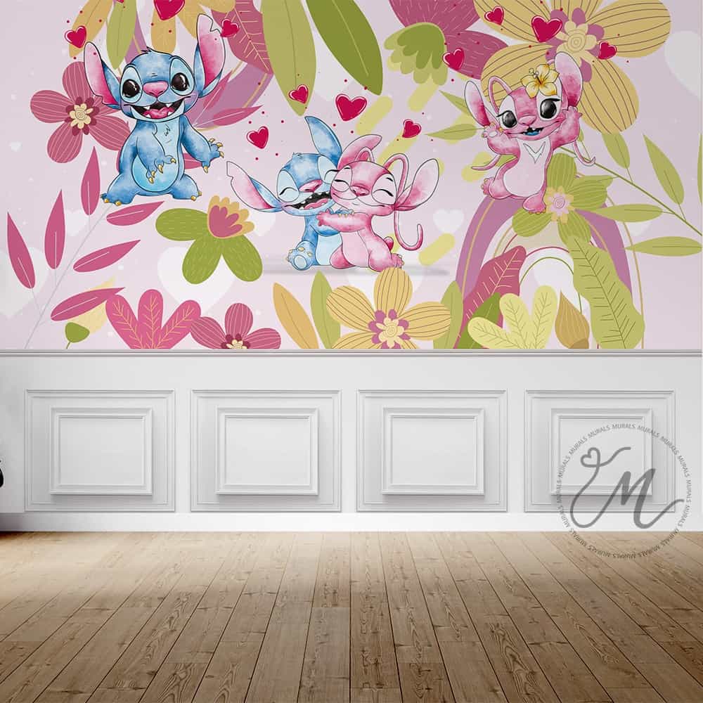 Papel de parede Stitch e Angel no Jardim Tropical