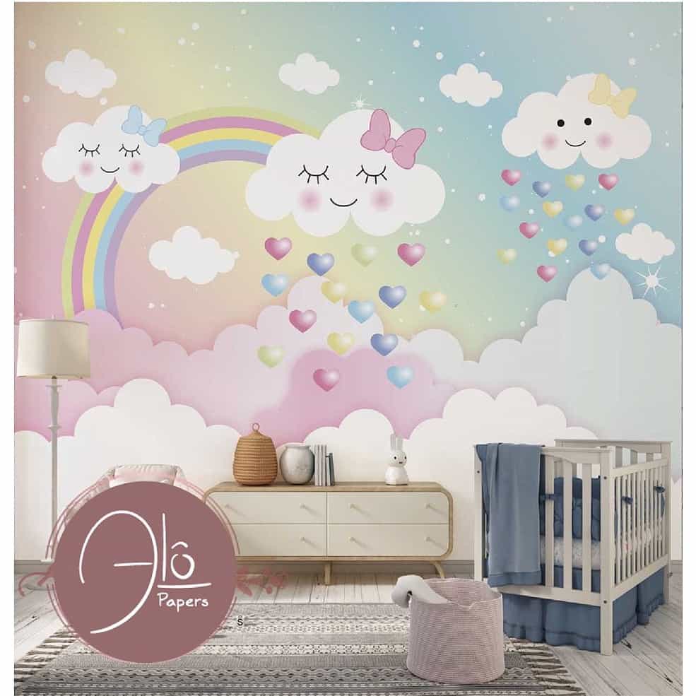 Papel de parede Chuva de Amor com Nuvens e Arco-íris