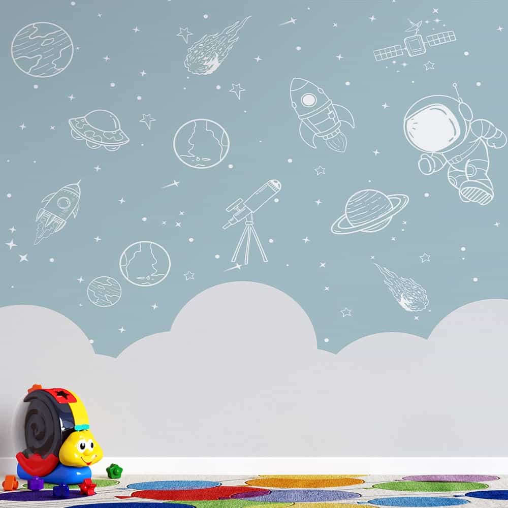 Papel de parede Espaço Doodle com Astronauta e Telescópio