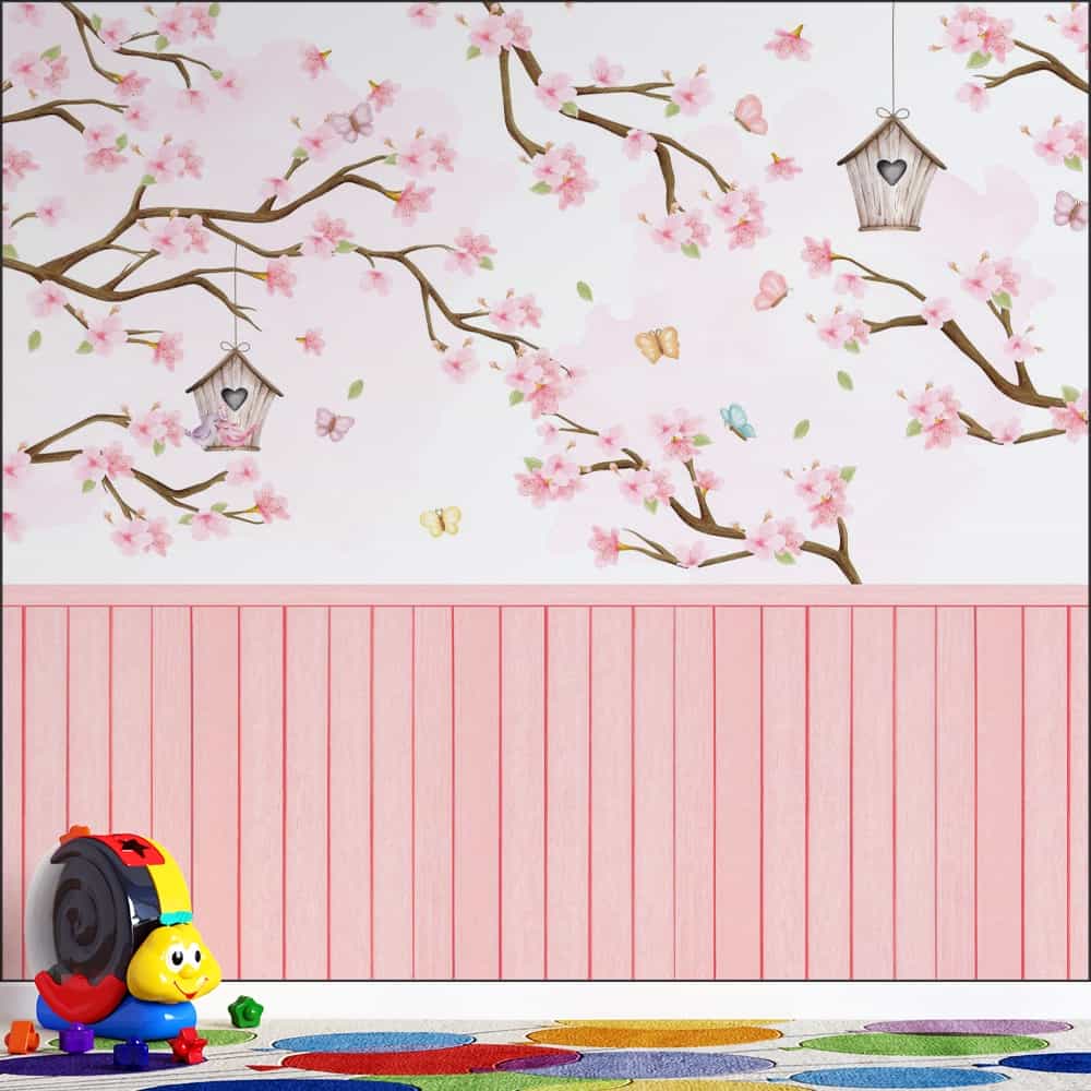 Papel de parede Cerejeira com Casinhas de Passarinho e Lambri Rosa