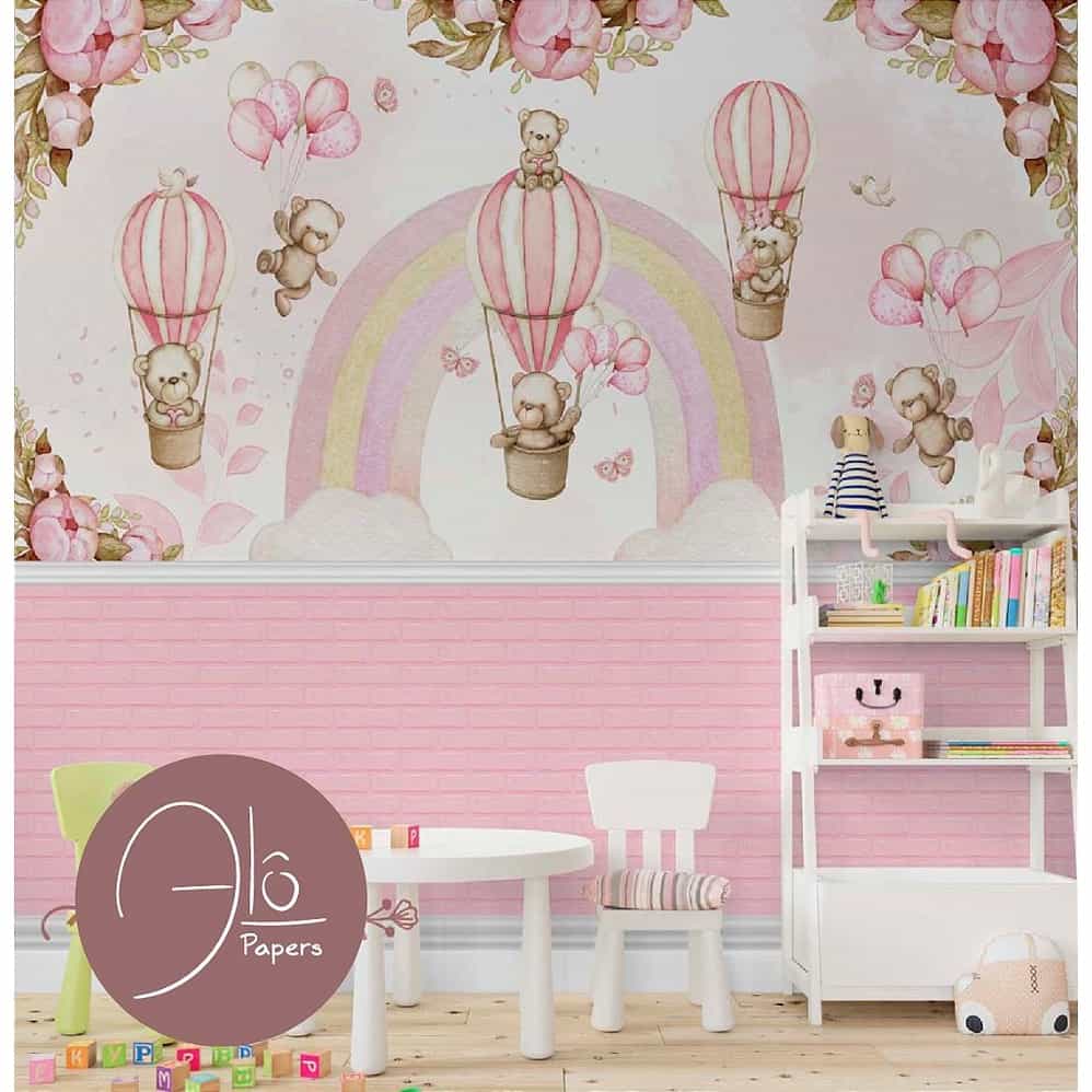 Papel de parede Ursinhos de Balão entre Peônias Rosa