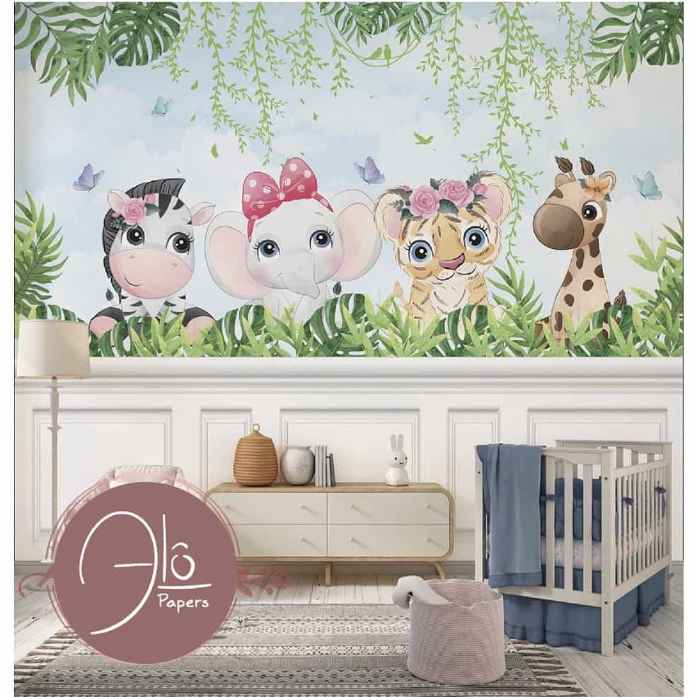 Papel de parede Bichinhas do Safari com Laços e Flores