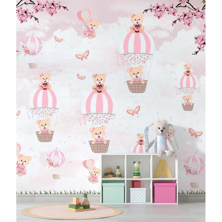 Papel de parede Ursinhas em Balões Rosa