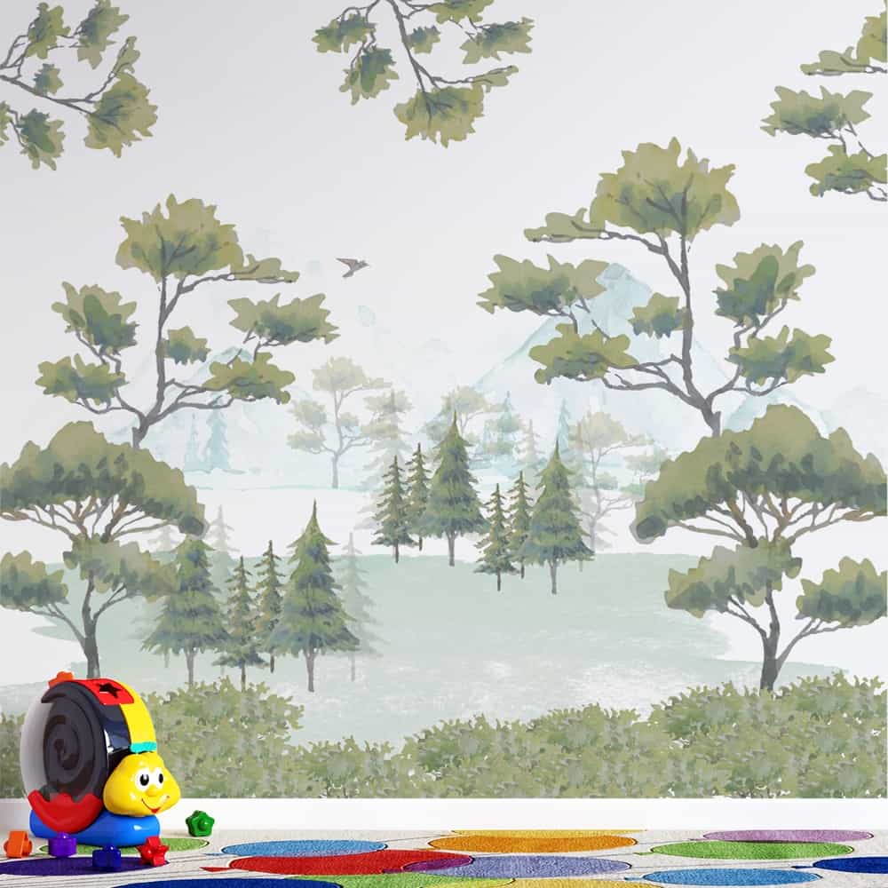 Papel de parede Floresta em Aquarela com Pinheiros