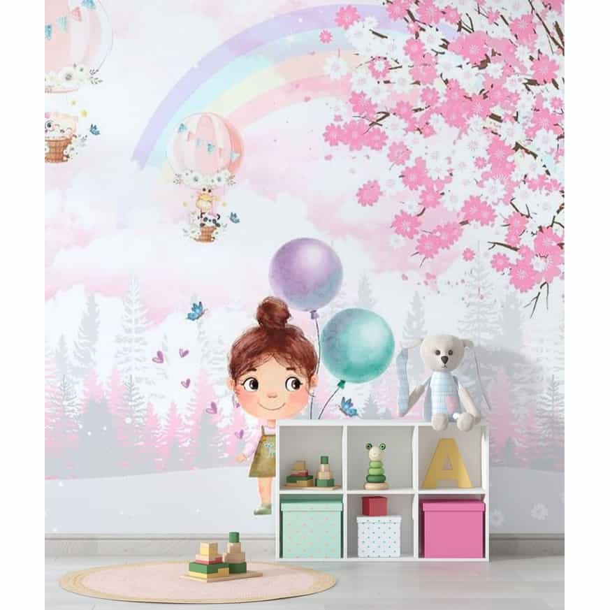 Papel de parede Menina com Balões na Floresta Rosa